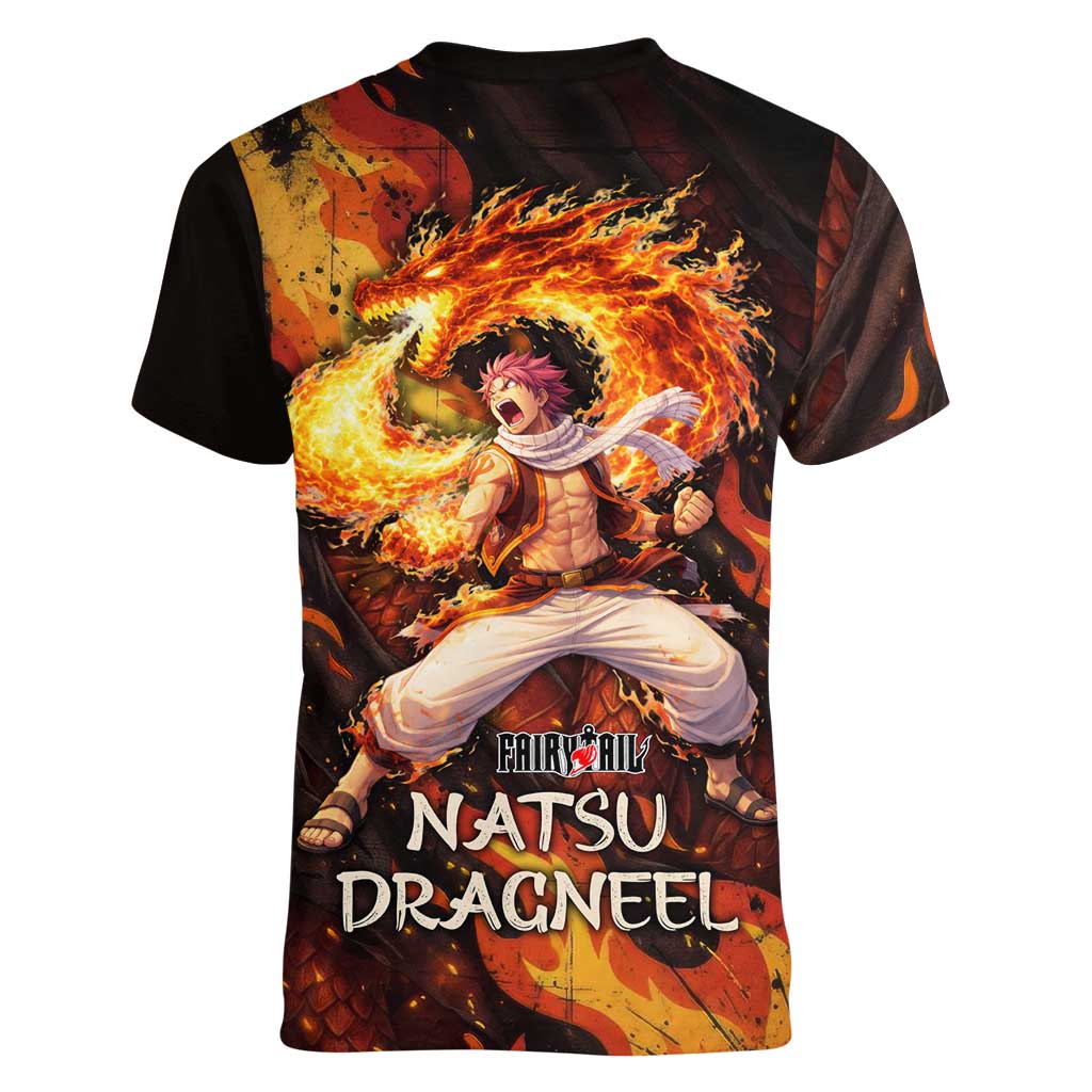 Natsu Dragneel Fairy Tail Women V-Neck T-Shirt Flame Magic Anime Style with Dragon Emblem and Fire Seal