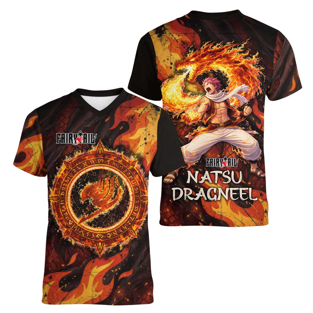 Natsu Dragneel Fairy Tail Women V-Neck T-Shirt Flame Magic Anime Style with Dragon Emblem and Fire Seal