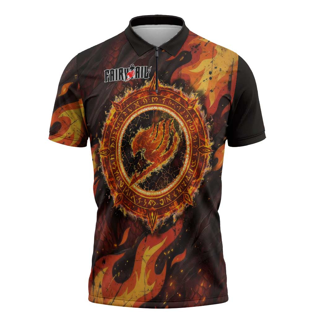 Natsu Dragneel Fairy Tail Zipper Polo Shirt Flame Magic Anime Style with Dragon Emblem and Fire Seal