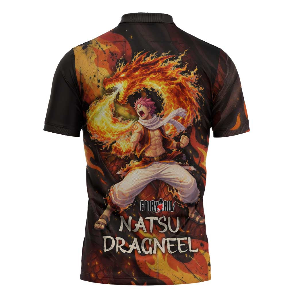 Natsu Dragneel Fairy Tail Zipper Polo Shirt Flame Magic Anime Style with Dragon Emblem and Fire Seal