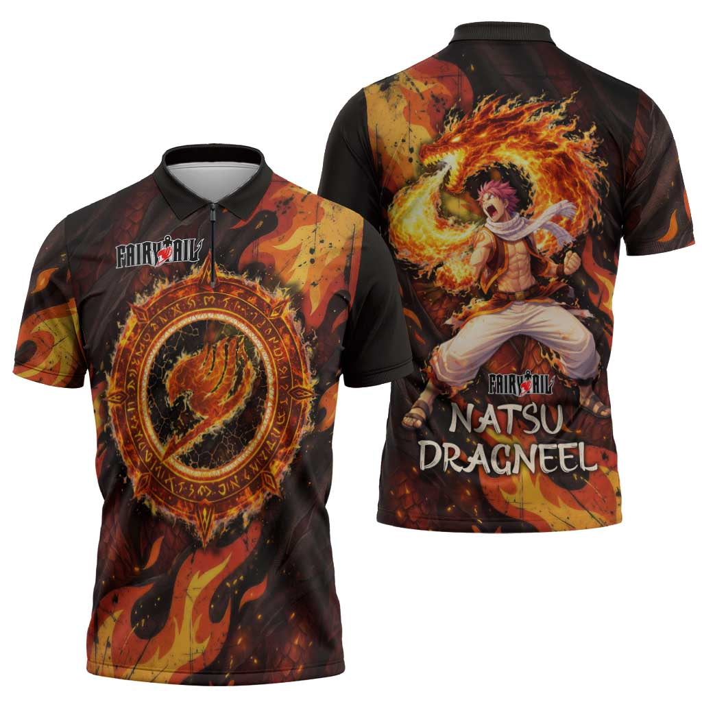 Natsu Dragneel Fairy Tail Zipper Polo Shirt Flame Magic Anime Style with Dragon Emblem and Fire Seal