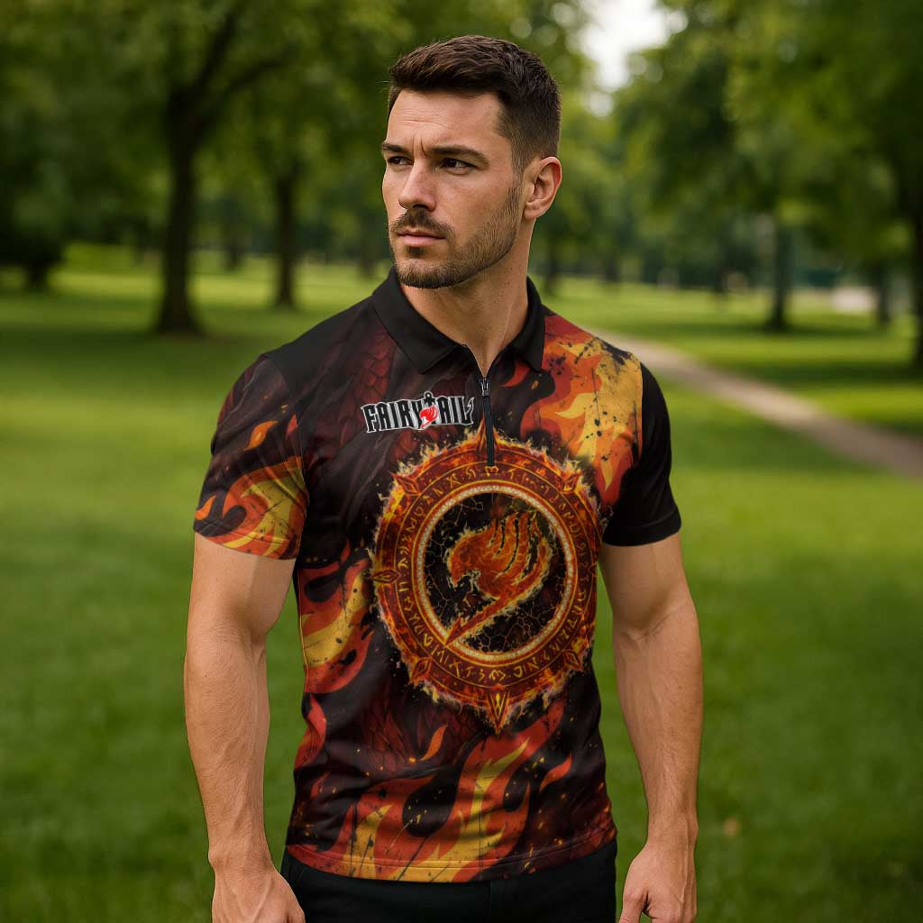 Natsu Dragneel Fairy Tail Zipper Polo Shirt Flame Magic Anime Style with Dragon Emblem and Fire Seal