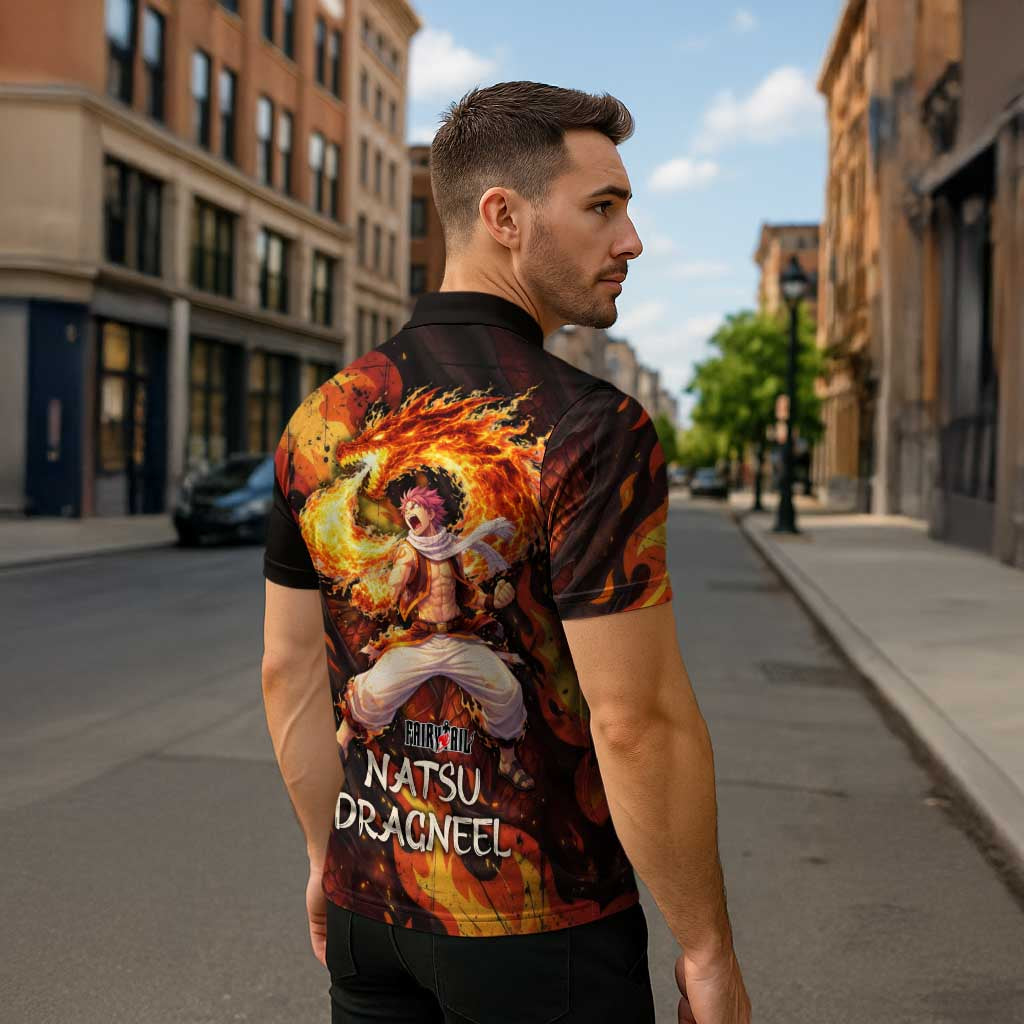 Natsu Dragneel Fairy Tail Zipper Polo Shirt Flame Magic Anime Style with Dragon Emblem and Fire Seal