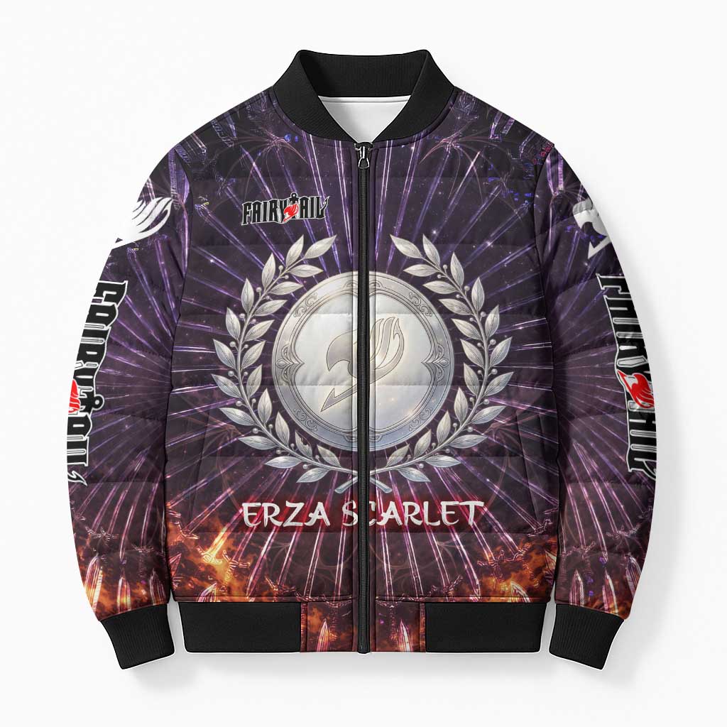 Erza Scarlet Fairy Tail Bomber Puffer Jacket Celestial Armor Anime Style with Radiant Winged Design