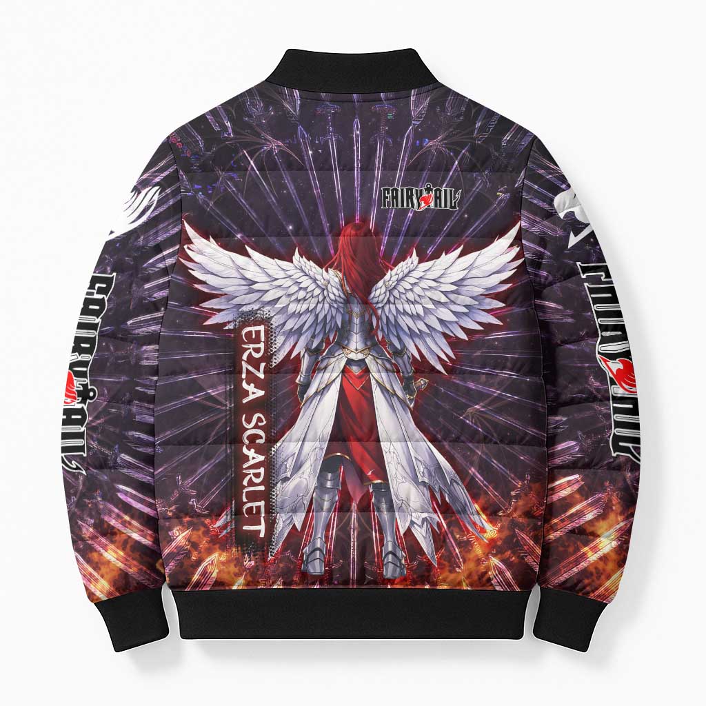Erza Scarlet Fairy Tail Bomber Puffer Jacket Celestial Armor Anime Style with Radiant Winged Design