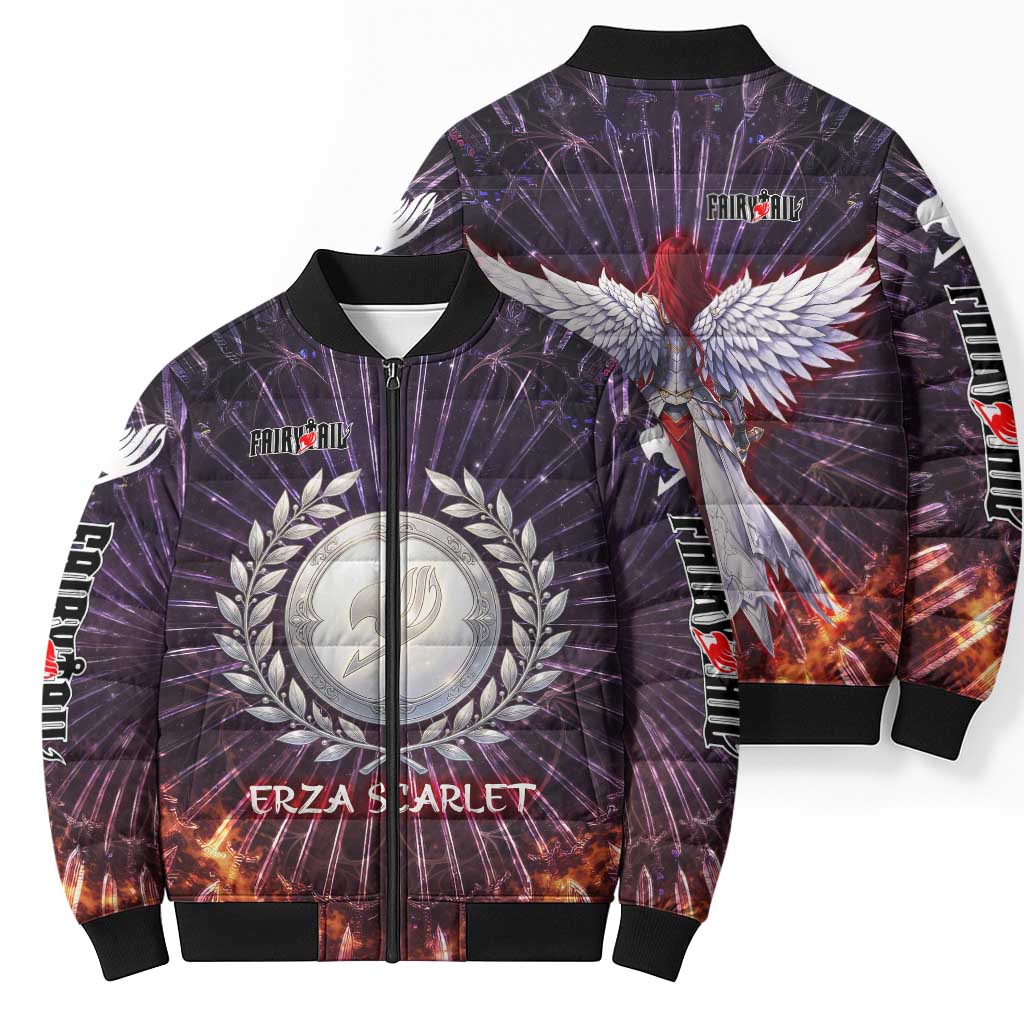Erza Scarlet Fairy Tail Bomber Puffer Jacket Celestial Armor Anime Style with Radiant Winged Design