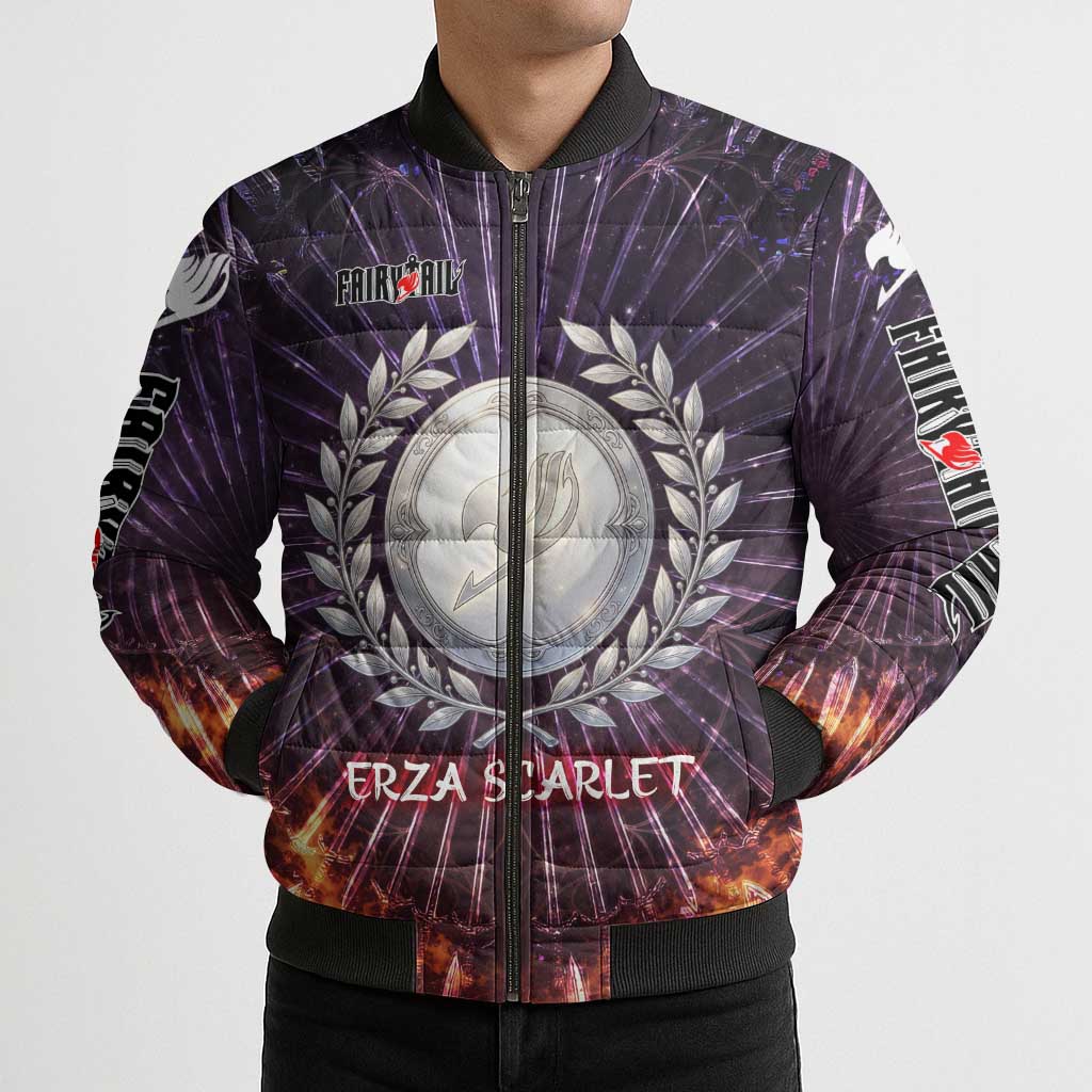 Erza Scarlet Fairy Tail Bomber Puffer Jacket Celestial Armor Anime Style with Radiant Winged Design
