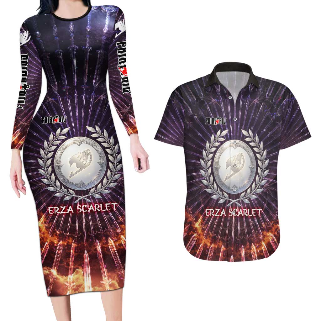 Erza Scarlet Fairy Tail Couples Matching Long Sleeve Bodycon Dress and Hawaiian Shirt Celestial Armor Anime Style with Radiant Winged Design