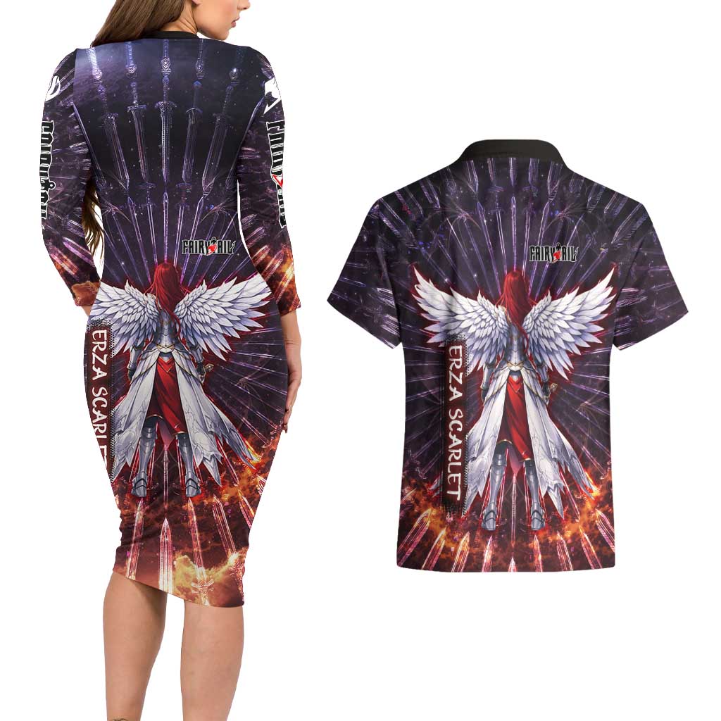 Erza Scarlet Fairy Tail Couples Matching Long Sleeve Bodycon Dress and Hawaiian Shirt Celestial Armor Anime Style with Radiant Winged Design