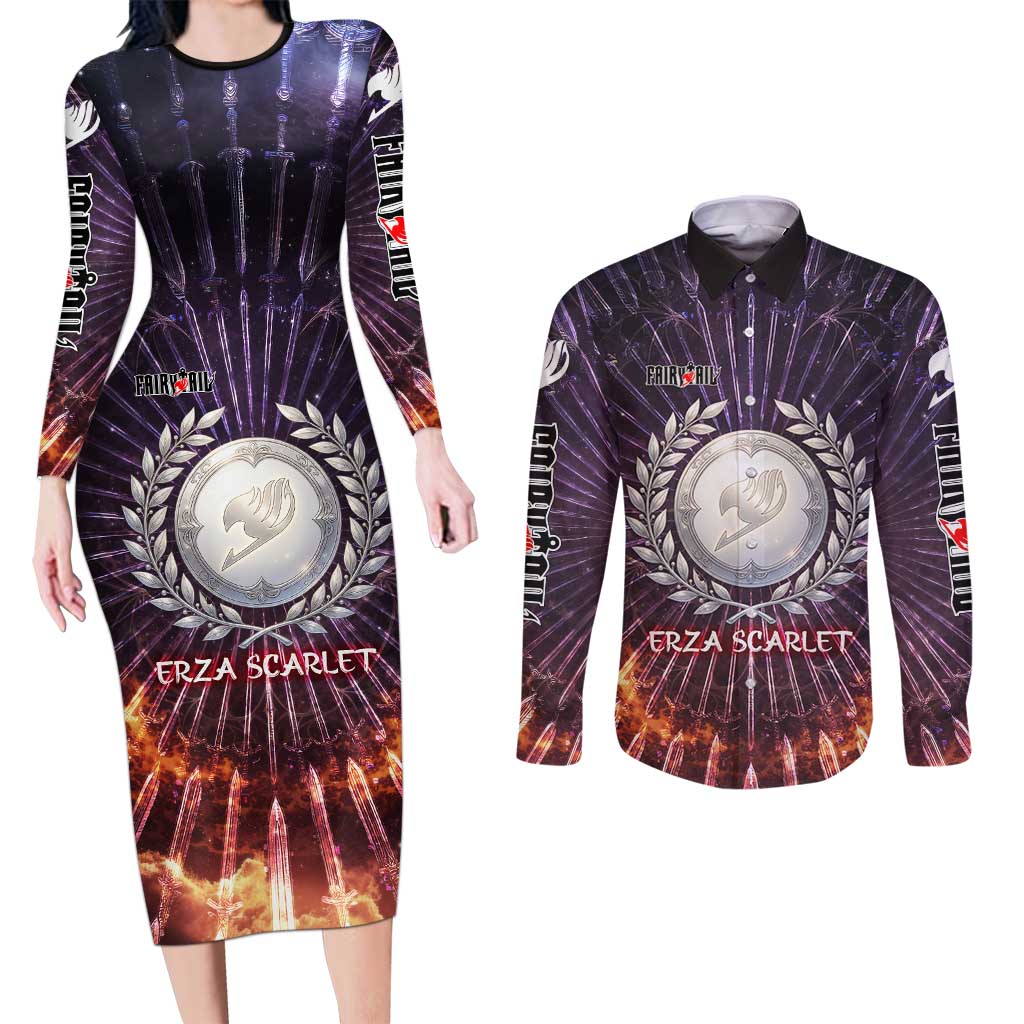 Erza Scarlet Fairy Tail Couples Matching Long Sleeve Bodycon Dress and Long Sleeve Button Shirt Celestial Armor Anime Style with Radiant Winged Design