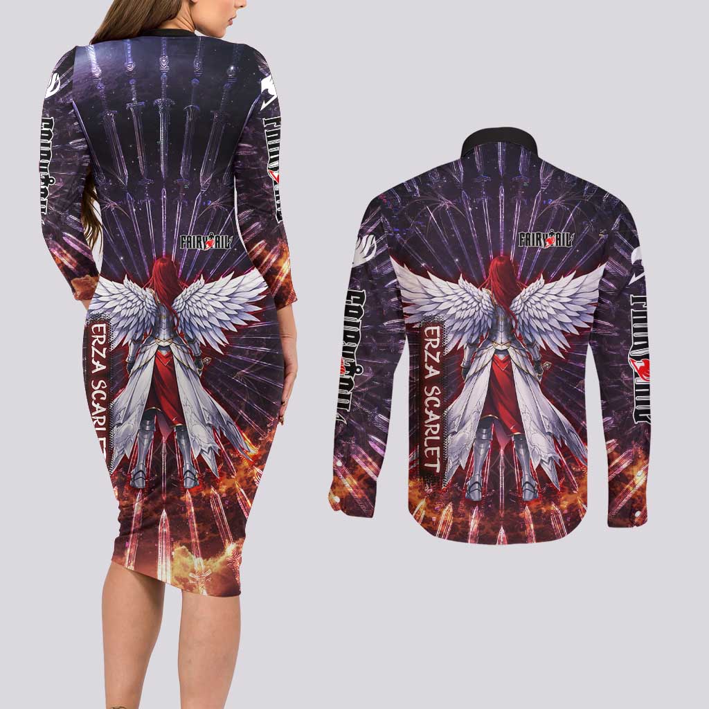 Erza Scarlet Fairy Tail Couples Matching Long Sleeve Bodycon Dress and Long Sleeve Button Shirt Celestial Armor Anime Style with Radiant Winged Design