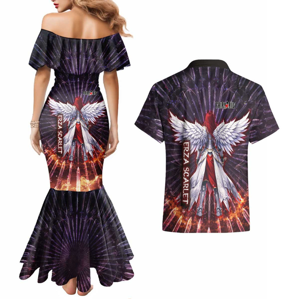 Erza Scarlet Fairy Tail Couples Matching Mermaid Dress and Hawaiian Shirt Celestial Armor Anime Style with Radiant Winged Design