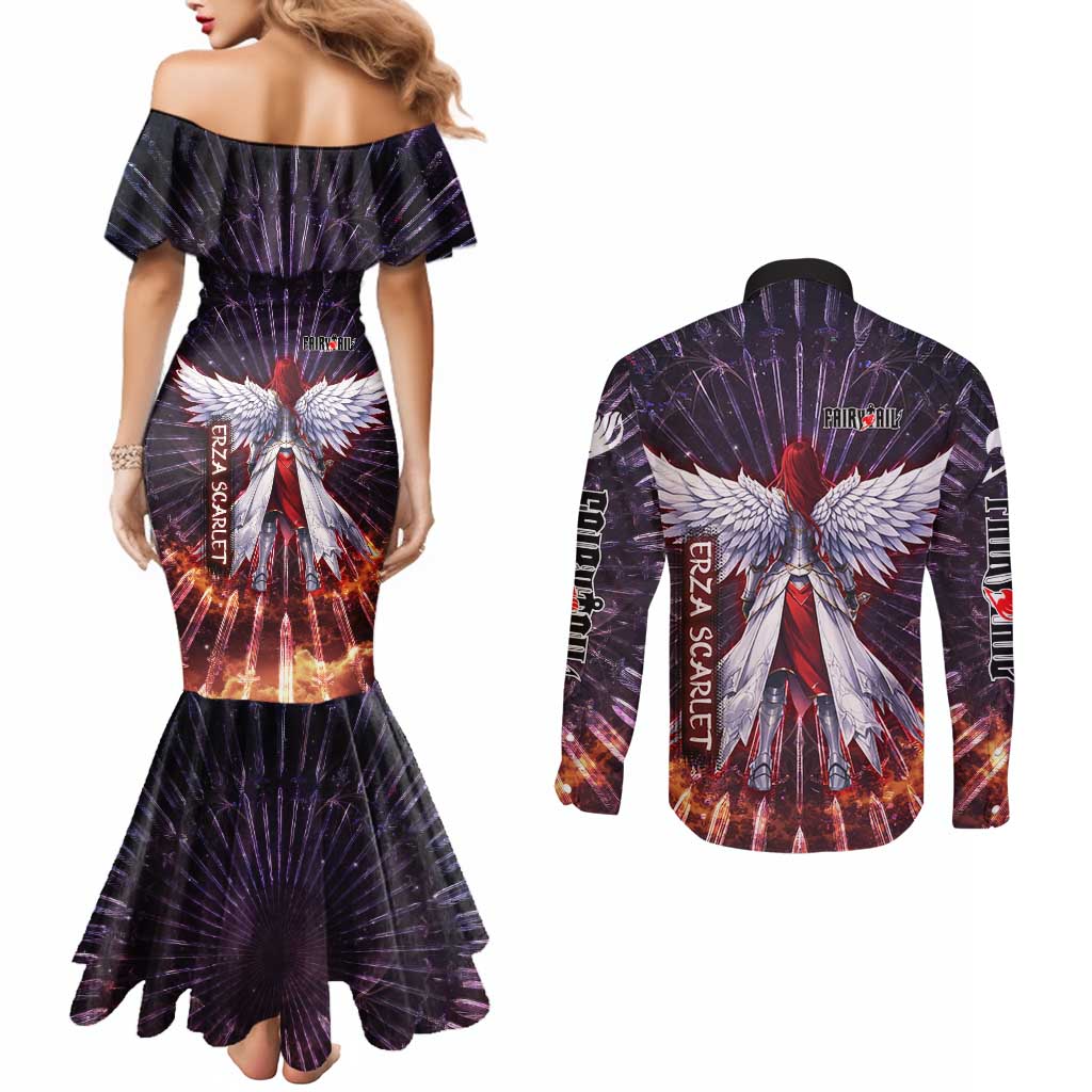 Erza Scarlet Fairy Tail Couples Matching Mermaid Dress and Long Sleeve Button Shirt Celestial Armor Anime Style with Radiant Winged Design