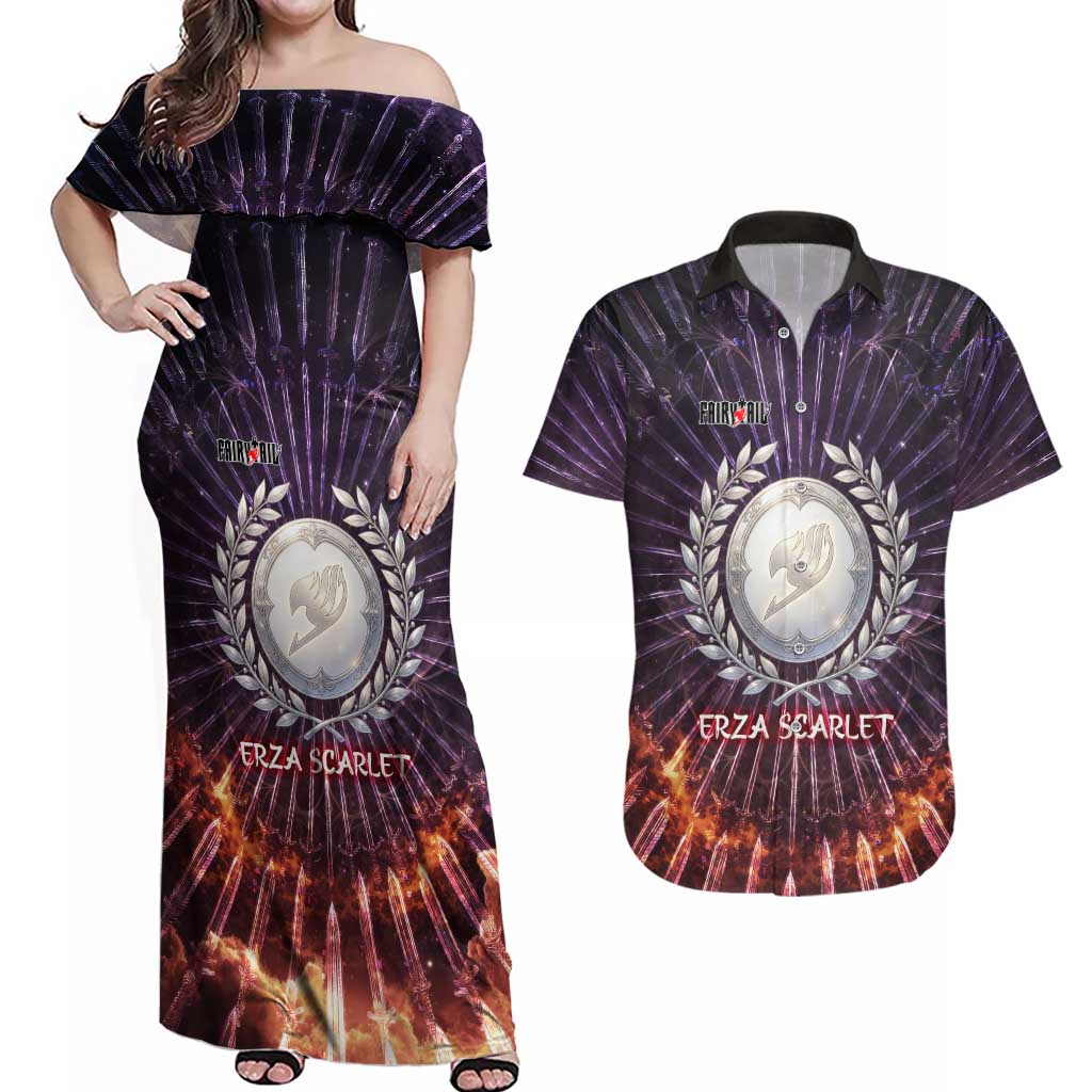 Erza Scarlet Fairy Tail Couples Matching Off Shoulder Maxi Dress and Hawaiian Shirt Celestial Armor Anime Style with Radiant Winged Design
