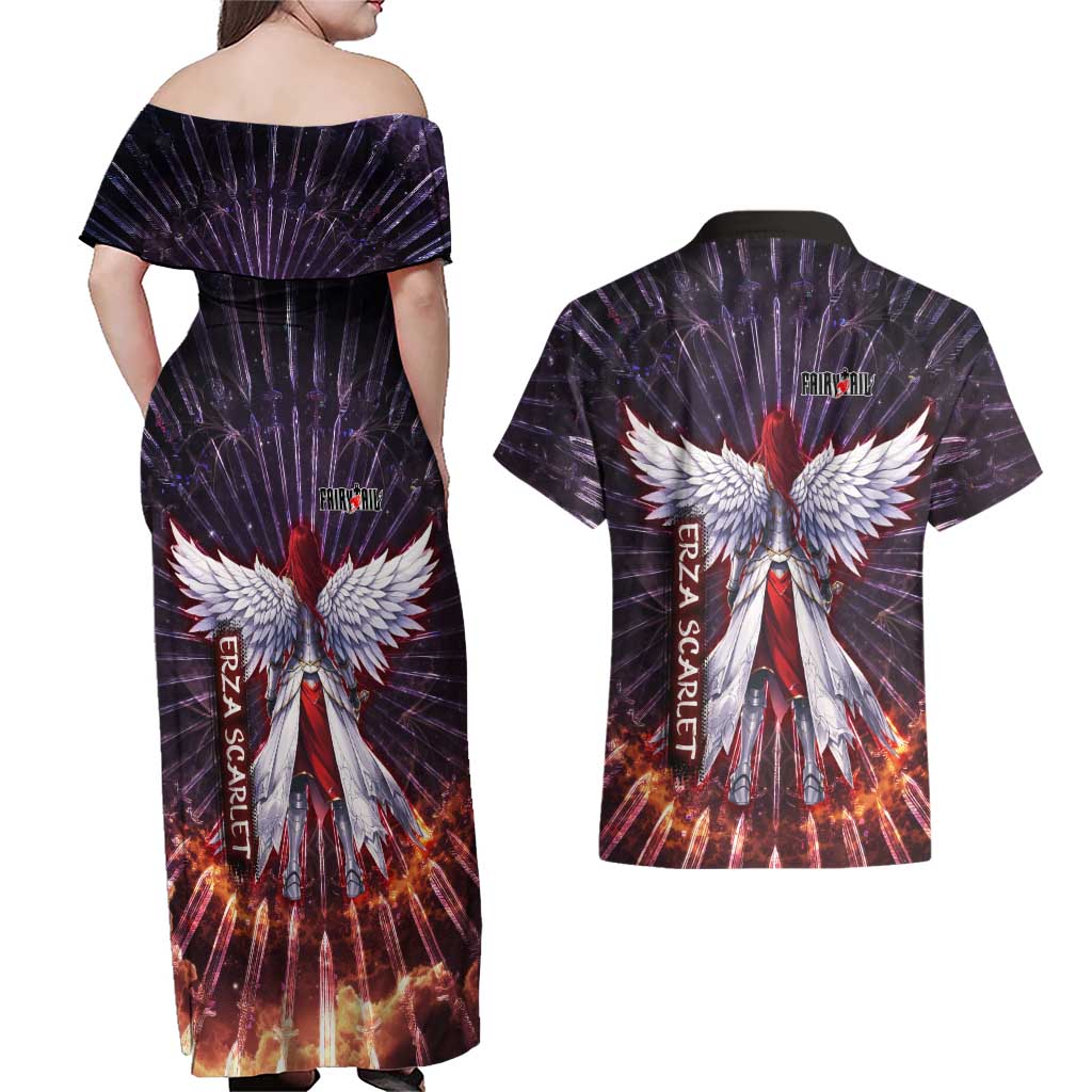 Erza Scarlet Fairy Tail Couples Matching Off Shoulder Maxi Dress and Hawaiian Shirt Celestial Armor Anime Style with Radiant Winged Design