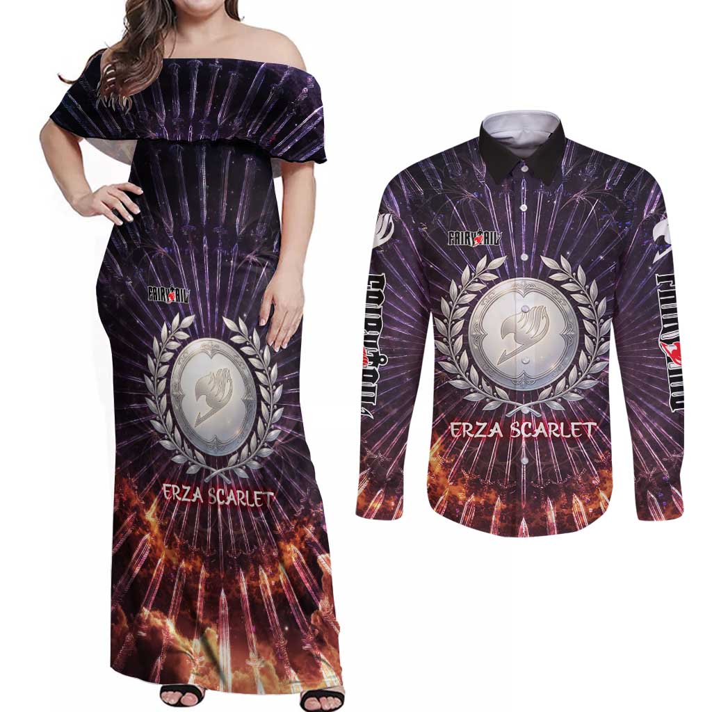 Erza Scarlet Fairy Tail Couples Matching Off Shoulder Maxi Dress and Long Sleeve Button Shirt Celestial Armor Anime Style with Radiant Winged Design