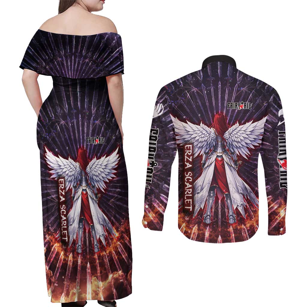 Erza Scarlet Fairy Tail Couples Matching Off Shoulder Maxi Dress and Long Sleeve Button Shirt Celestial Armor Anime Style with Radiant Winged Design