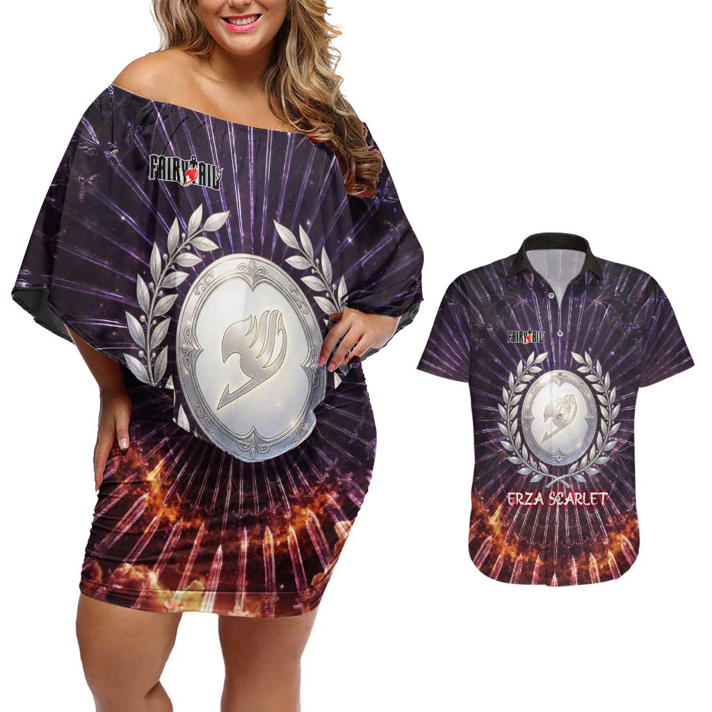Erza Scarlet Fairy Tail Couples Matching Off Shoulder Short Dress and Hawaiian Shirt Celestial Armor Anime Style with Radiant Winged Design