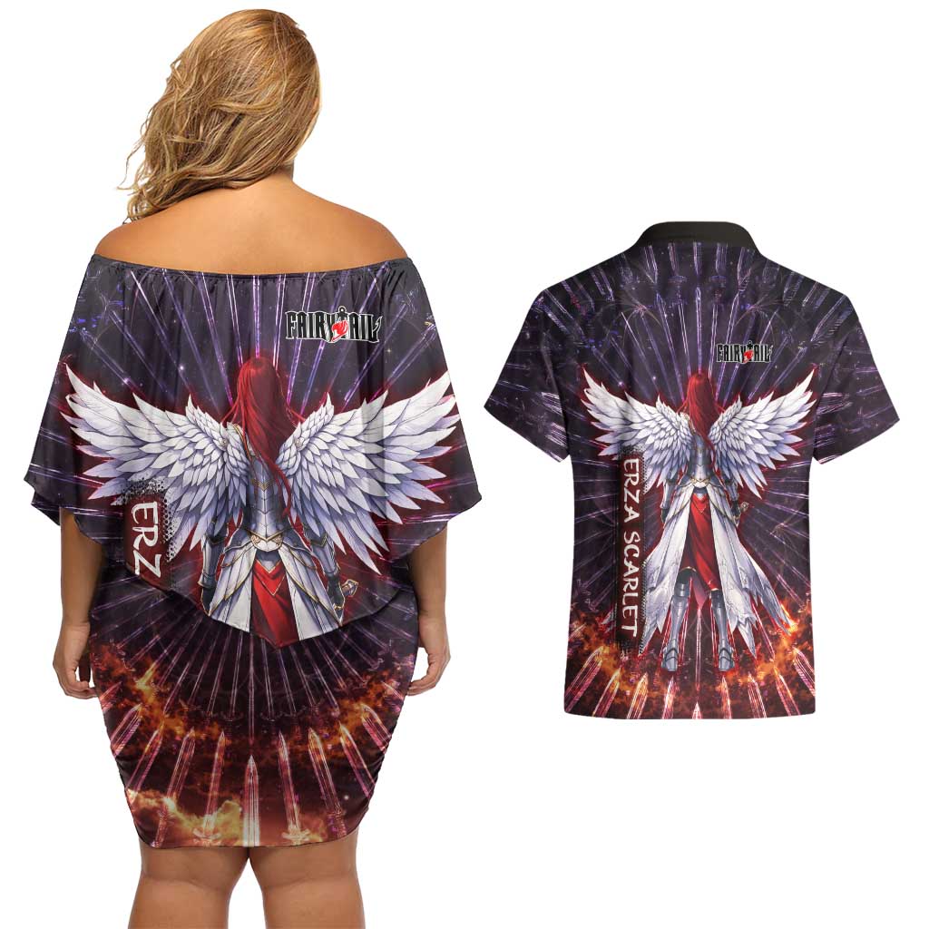 Erza Scarlet Fairy Tail Couples Matching Off Shoulder Short Dress and Hawaiian Shirt Celestial Armor Anime Style with Radiant Winged Design