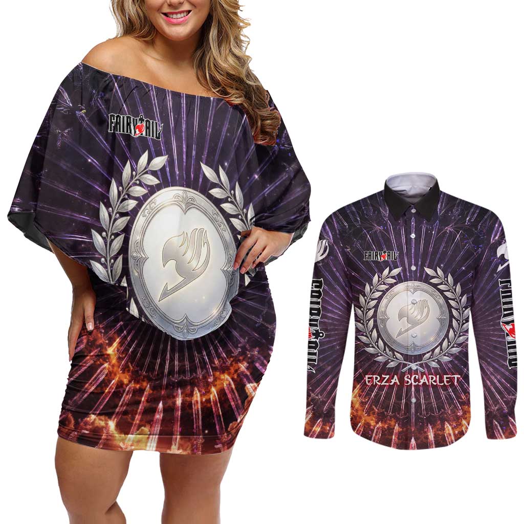 Erza Scarlet Fairy Tail Couples Matching Off Shoulder Short Dress and Long Sleeve Button Shirt Celestial Armor Anime Style with Radiant Winged Design