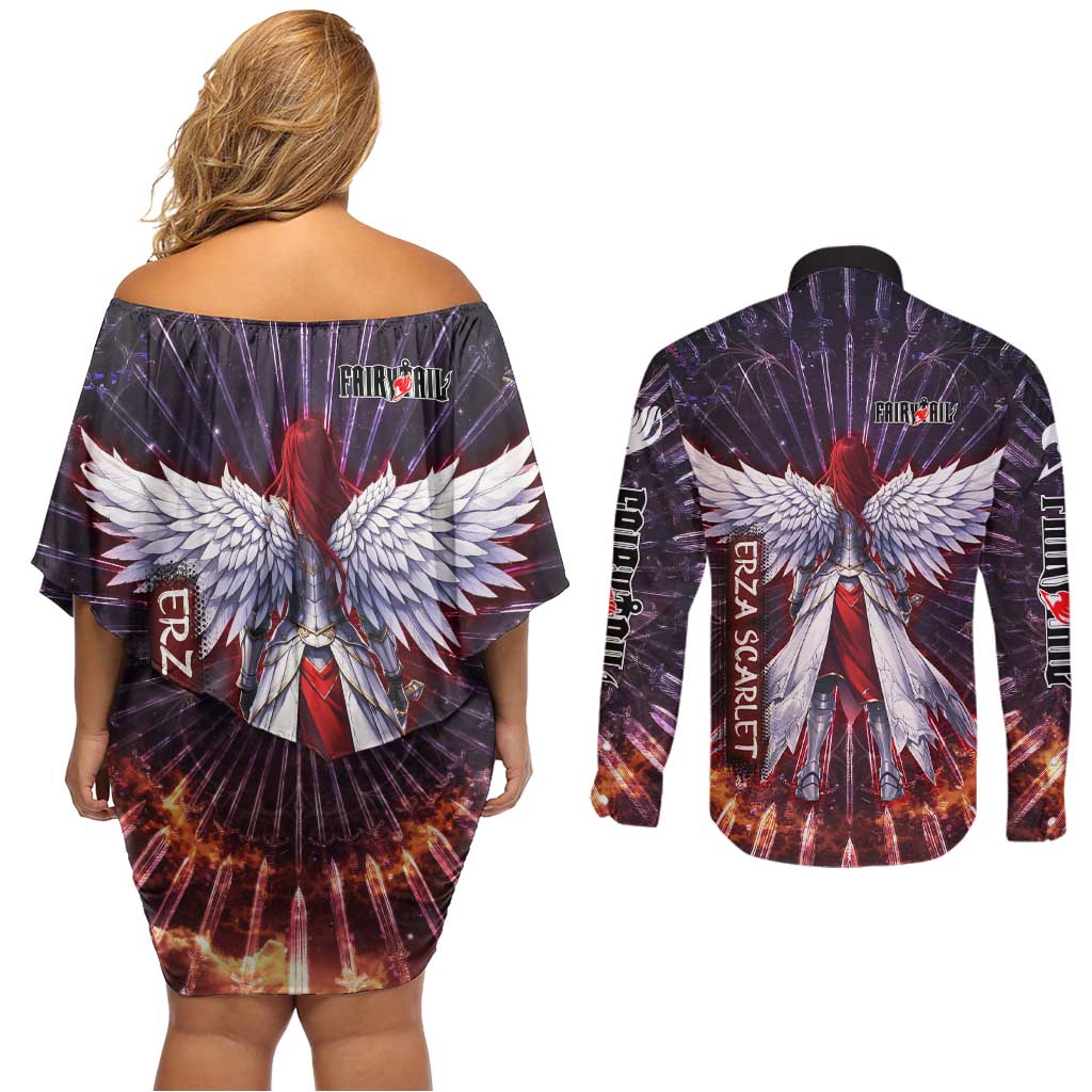 Erza Scarlet Fairy Tail Couples Matching Off Shoulder Short Dress and Long Sleeve Button Shirt Celestial Armor Anime Style with Radiant Winged Design