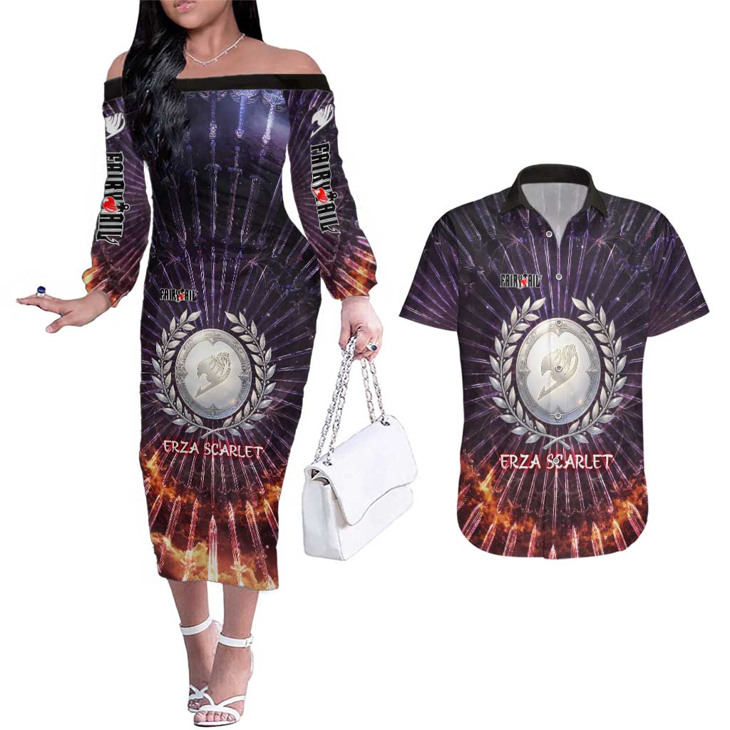 Erza Scarlet Fairy Tail Couples Matching Off The Shoulder Long Sleeve Dress and Hawaiian Shirt Celestial Armor Anime Style with Radiant Winged Design