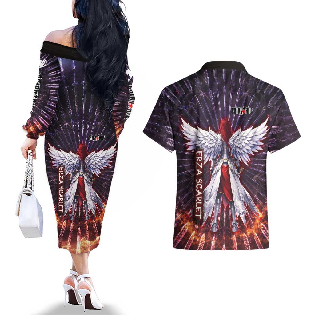 Erza Scarlet Fairy Tail Couples Matching Off The Shoulder Long Sleeve Dress and Hawaiian Shirt Celestial Armor Anime Style with Radiant Winged Design