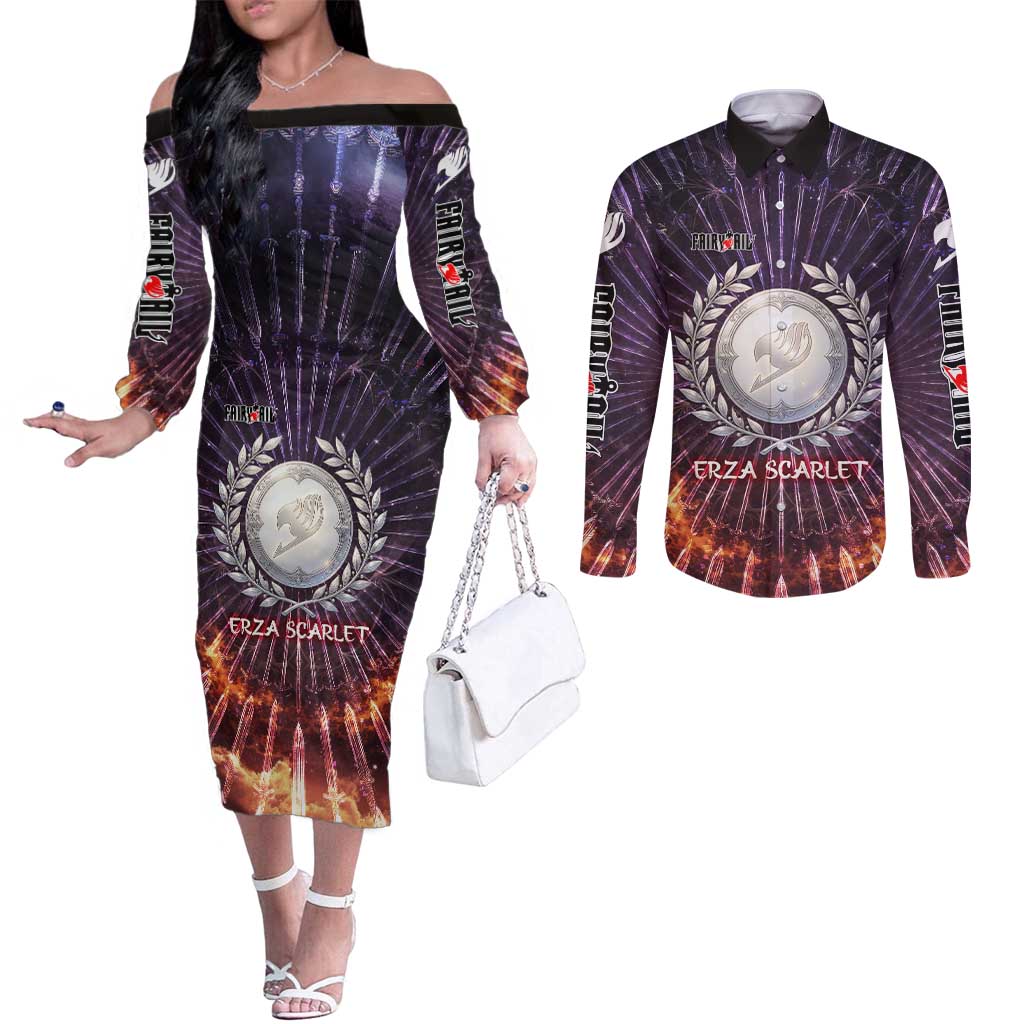 Erza Scarlet Fairy Tail Couples Matching Off The Shoulder Long Sleeve Dress and Long Sleeve Button Shirt Celestial Armor Anime Style with Radiant Winged Design