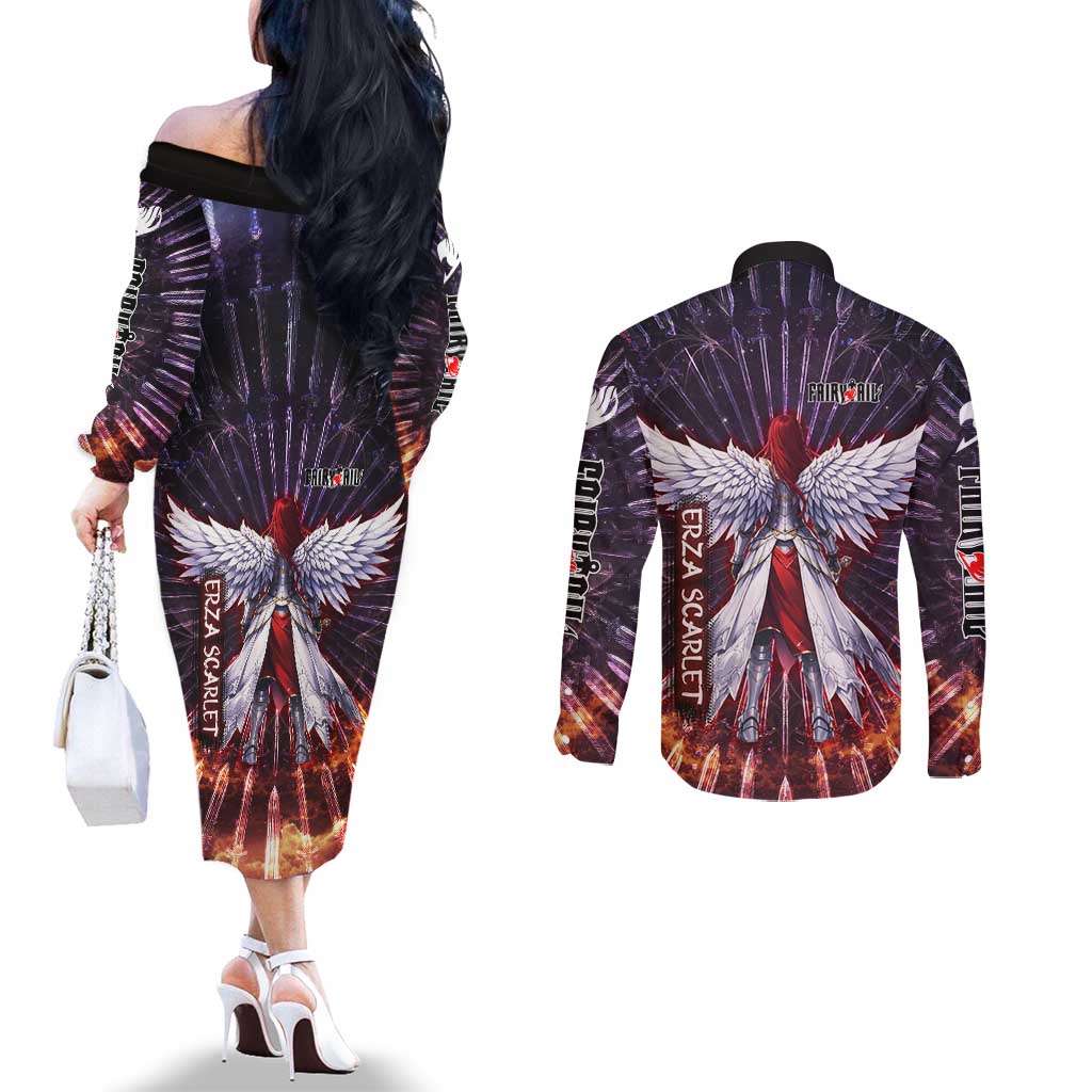 Erza Scarlet Fairy Tail Couples Matching Off The Shoulder Long Sleeve Dress and Long Sleeve Button Shirt Celestial Armor Anime Style with Radiant Winged Design