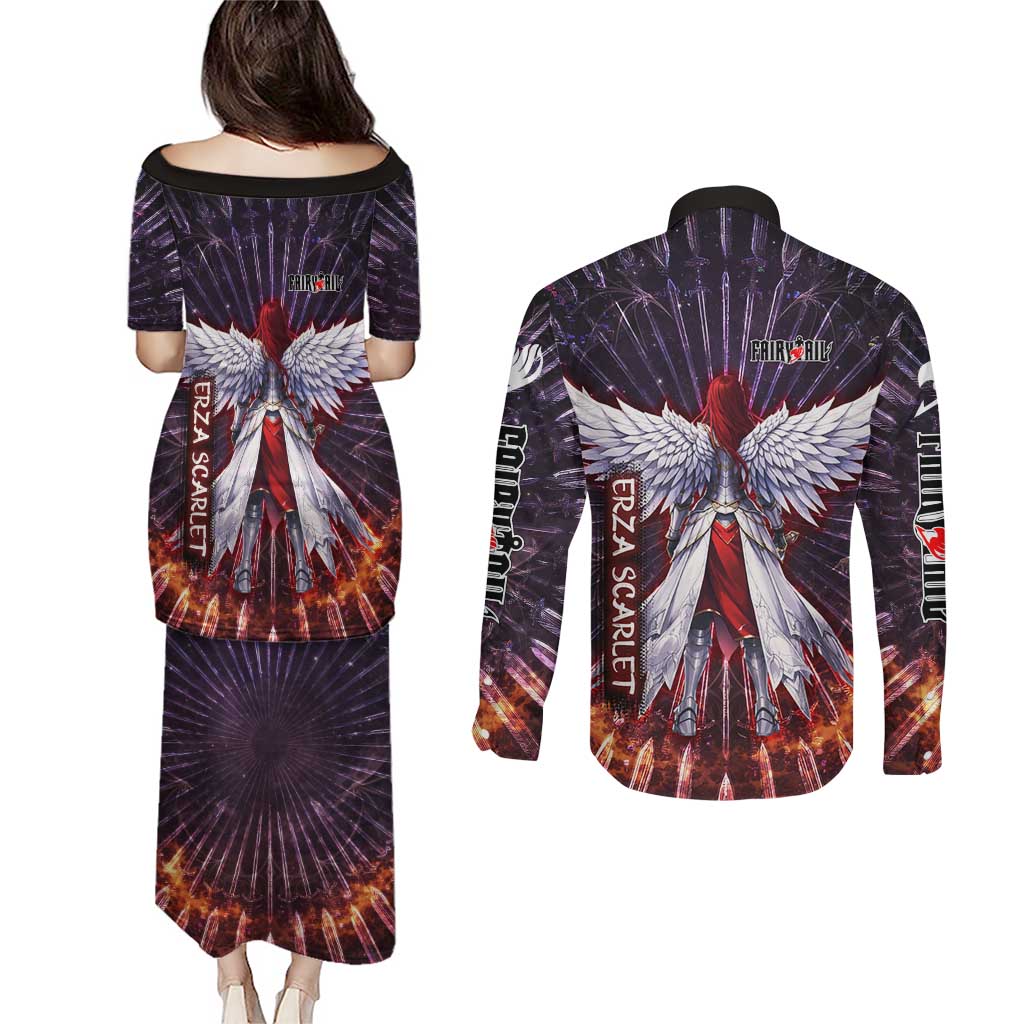 Erza Scarlet Fairy Tail Couples Matching Puletasi and Long Sleeve Button Shirt Celestial Armor Anime Style with Radiant Winged Design