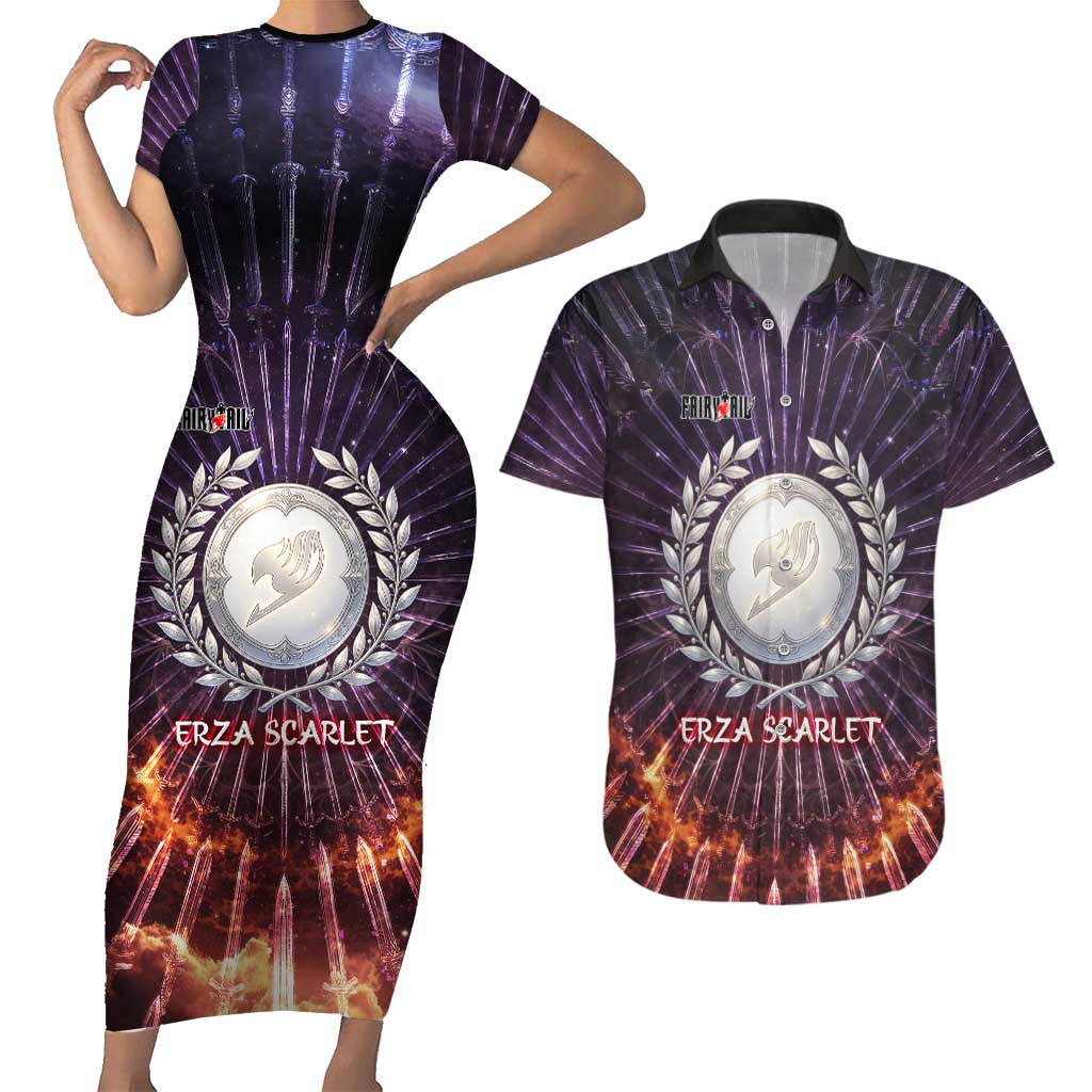 Erza Scarlet Fairy Tail Couples Matching Short Sleeve Bodycon Dress and Hawaiian Shirt Celestial Armor Anime Style with Radiant Winged Design