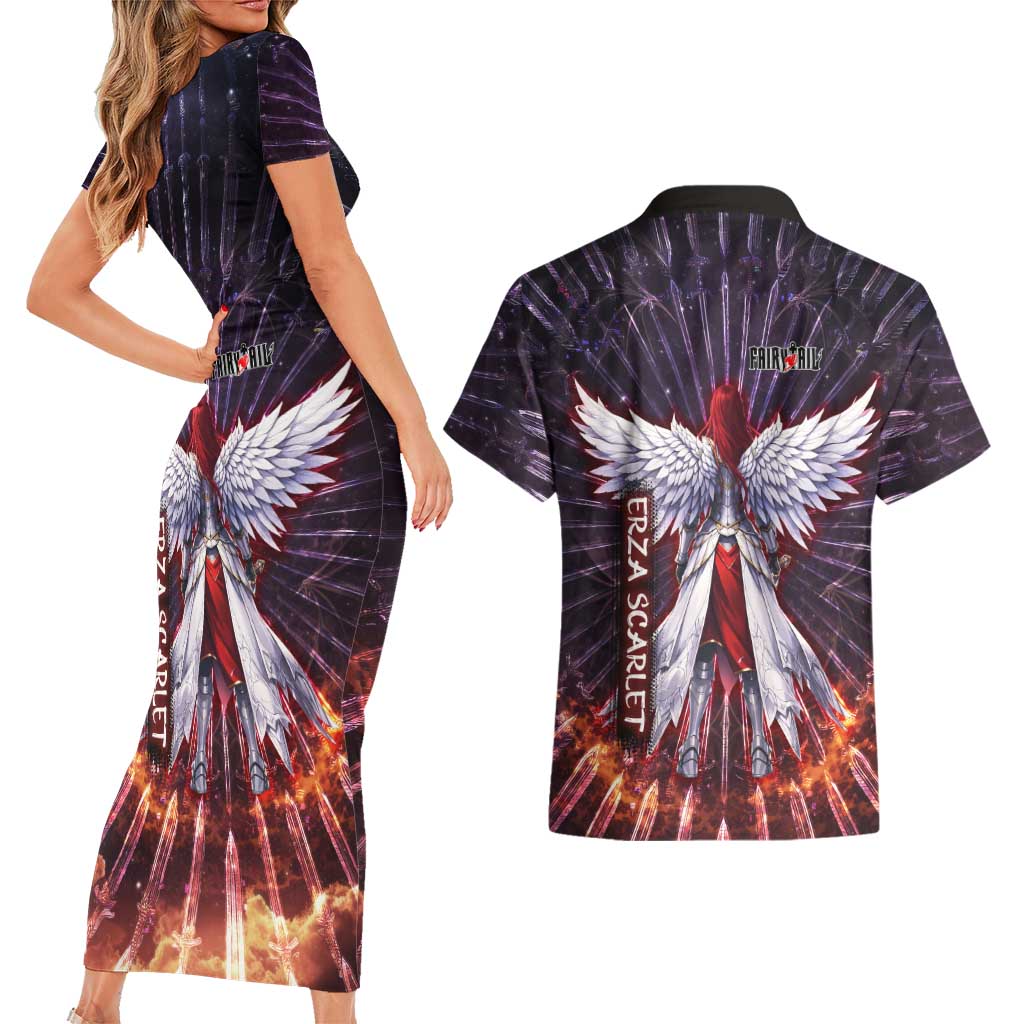 Erza Scarlet Fairy Tail Couples Matching Short Sleeve Bodycon Dress and Hawaiian Shirt Celestial Armor Anime Style with Radiant Winged Design