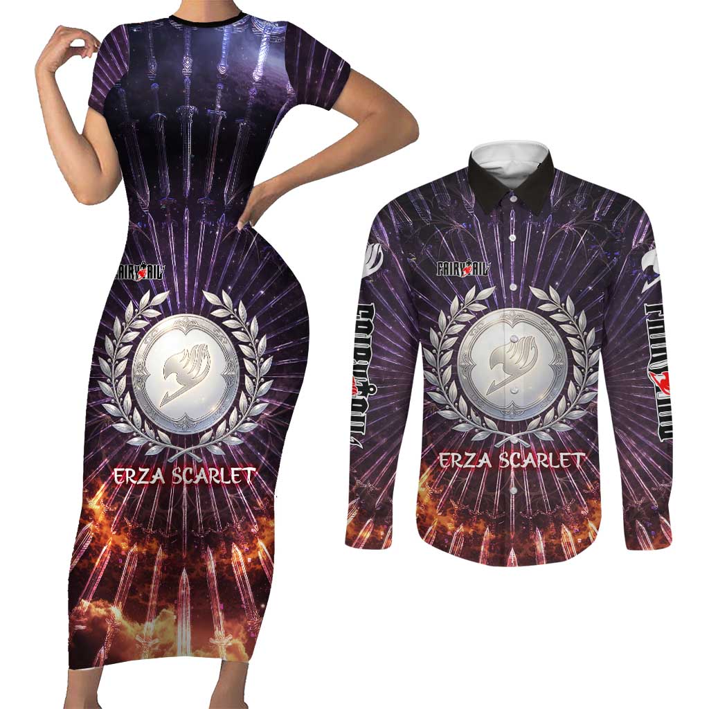 Erza Scarlet Fairy Tail Couples Matching Short Sleeve Bodycon Dress and Long Sleeve Button Shirt Celestial Armor Anime Style with Radiant Winged Design