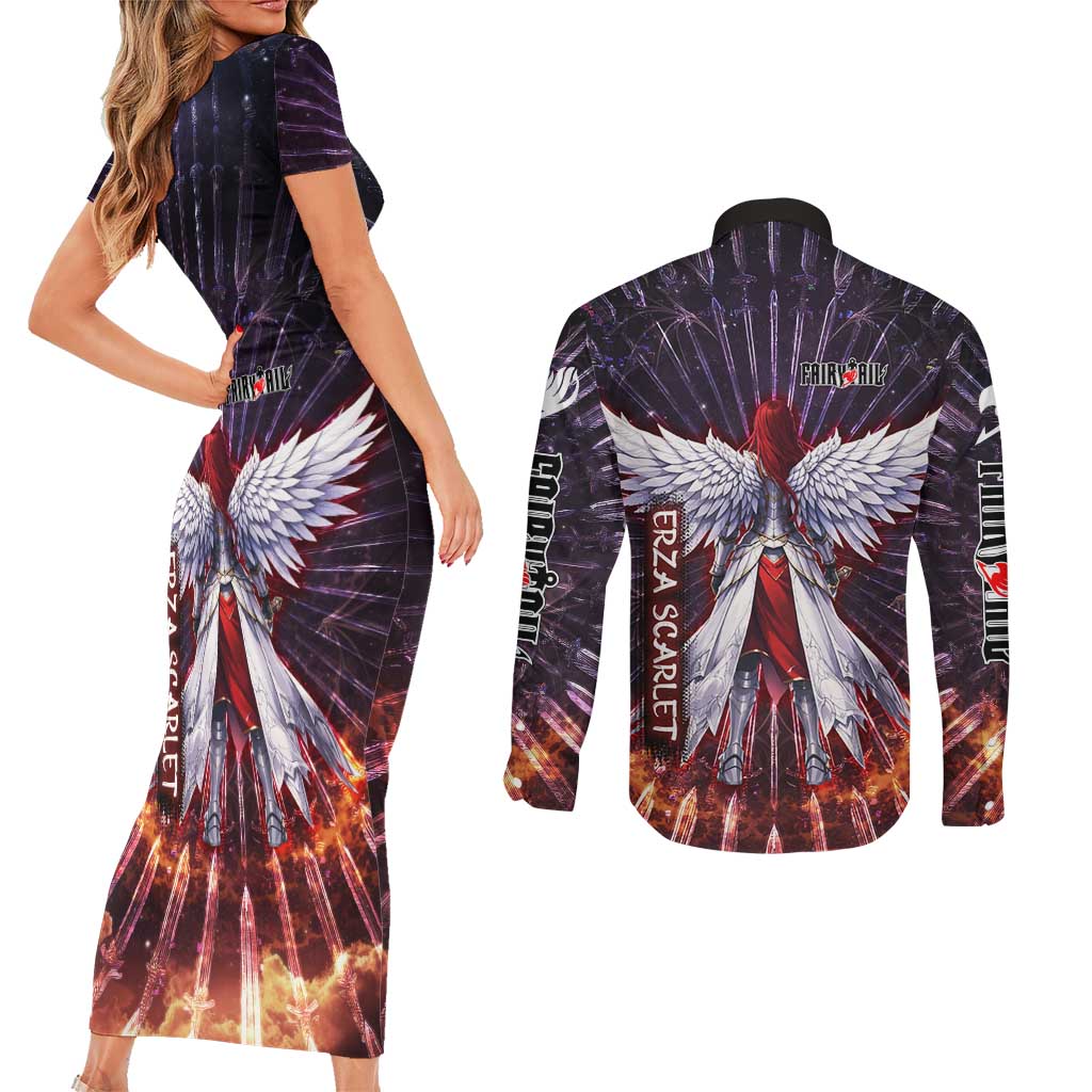Erza Scarlet Fairy Tail Couples Matching Short Sleeve Bodycon Dress and Long Sleeve Button Shirt Celestial Armor Anime Style with Radiant Winged Design
