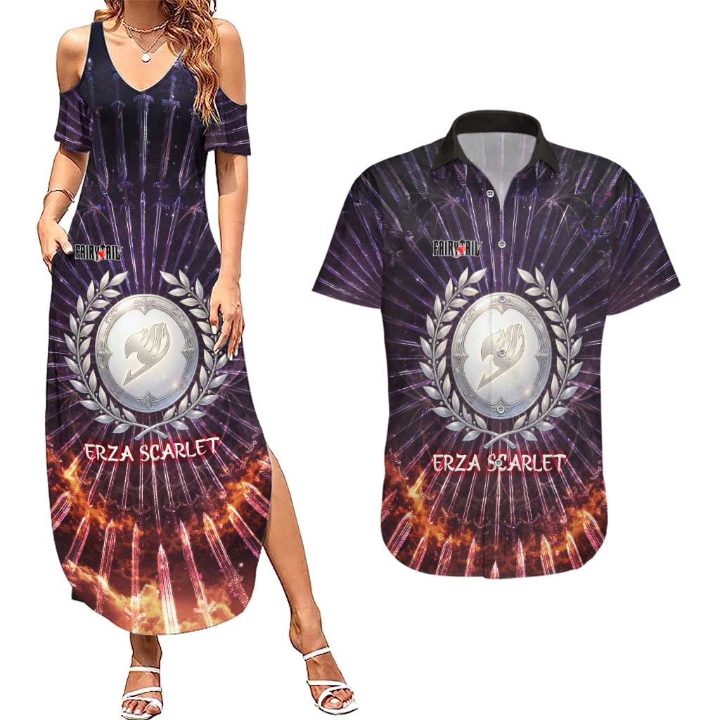 Erza Scarlet Fairy Tail Couples Matching Summer Maxi Dress and Hawaiian Shirt Celestial Armor Anime Style with Radiant Winged Design