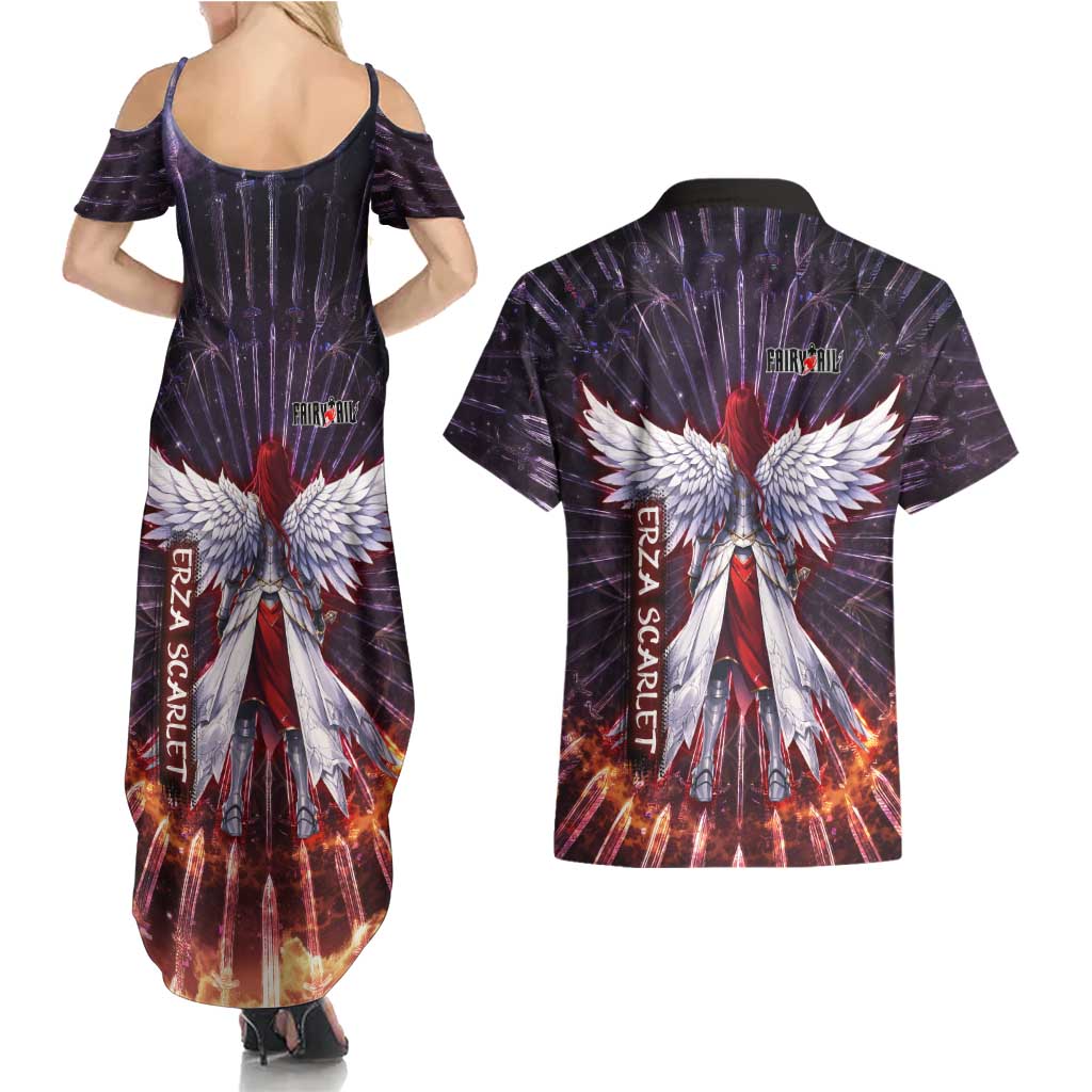 Erza Scarlet Fairy Tail Couples Matching Summer Maxi Dress and Hawaiian Shirt Celestial Armor Anime Style with Radiant Winged Design