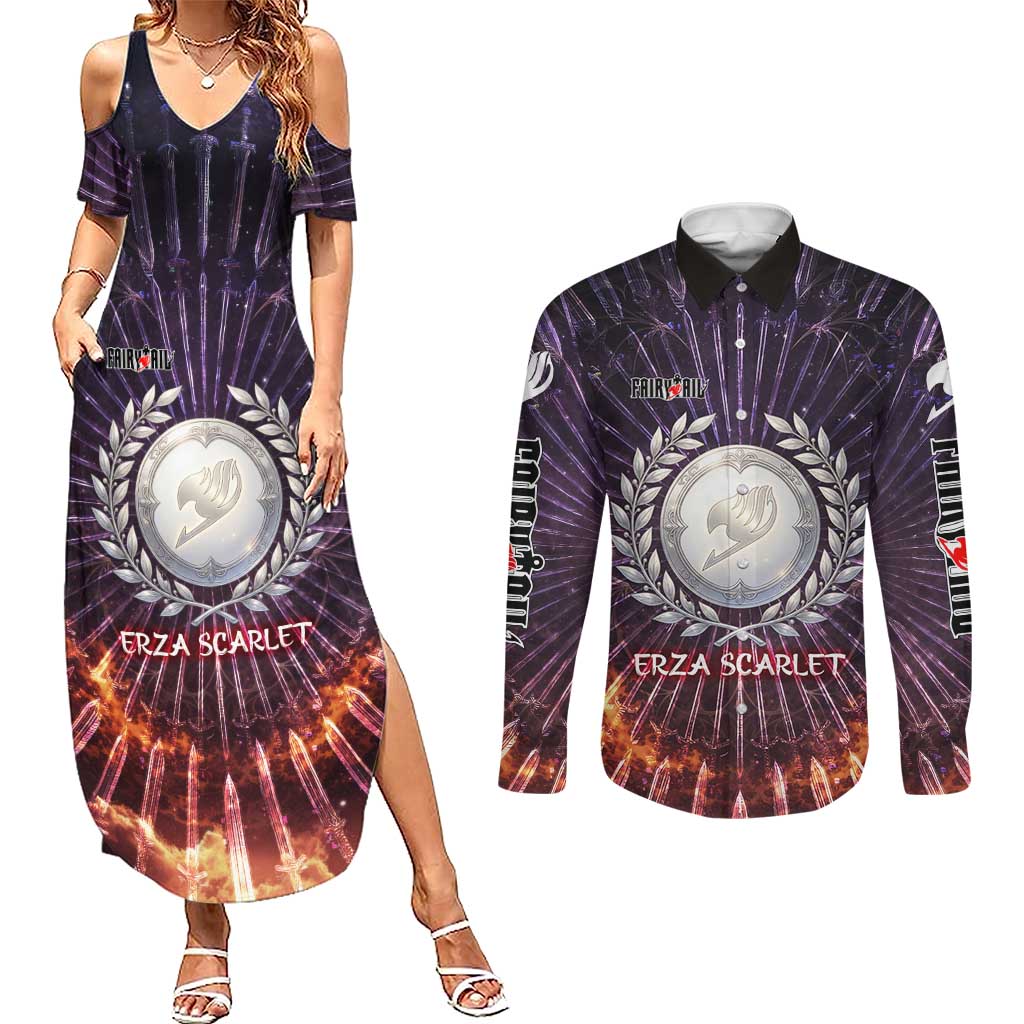 Erza Scarlet Fairy Tail Couples Matching Summer Maxi Dress and Long Sleeve Button Shirt Celestial Armor Anime Style with Radiant Winged Design