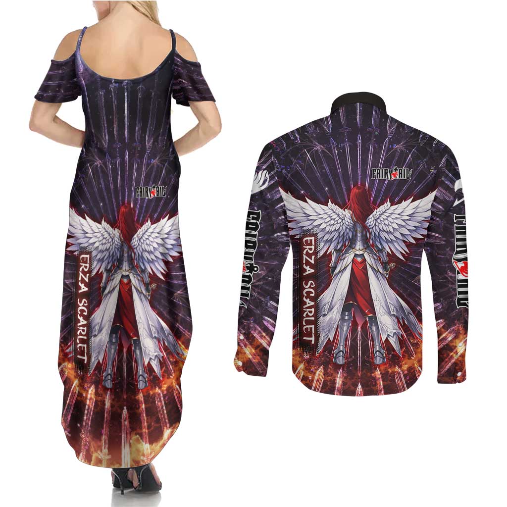 Erza Scarlet Fairy Tail Couples Matching Summer Maxi Dress and Long Sleeve Button Shirt Celestial Armor Anime Style with Radiant Winged Design