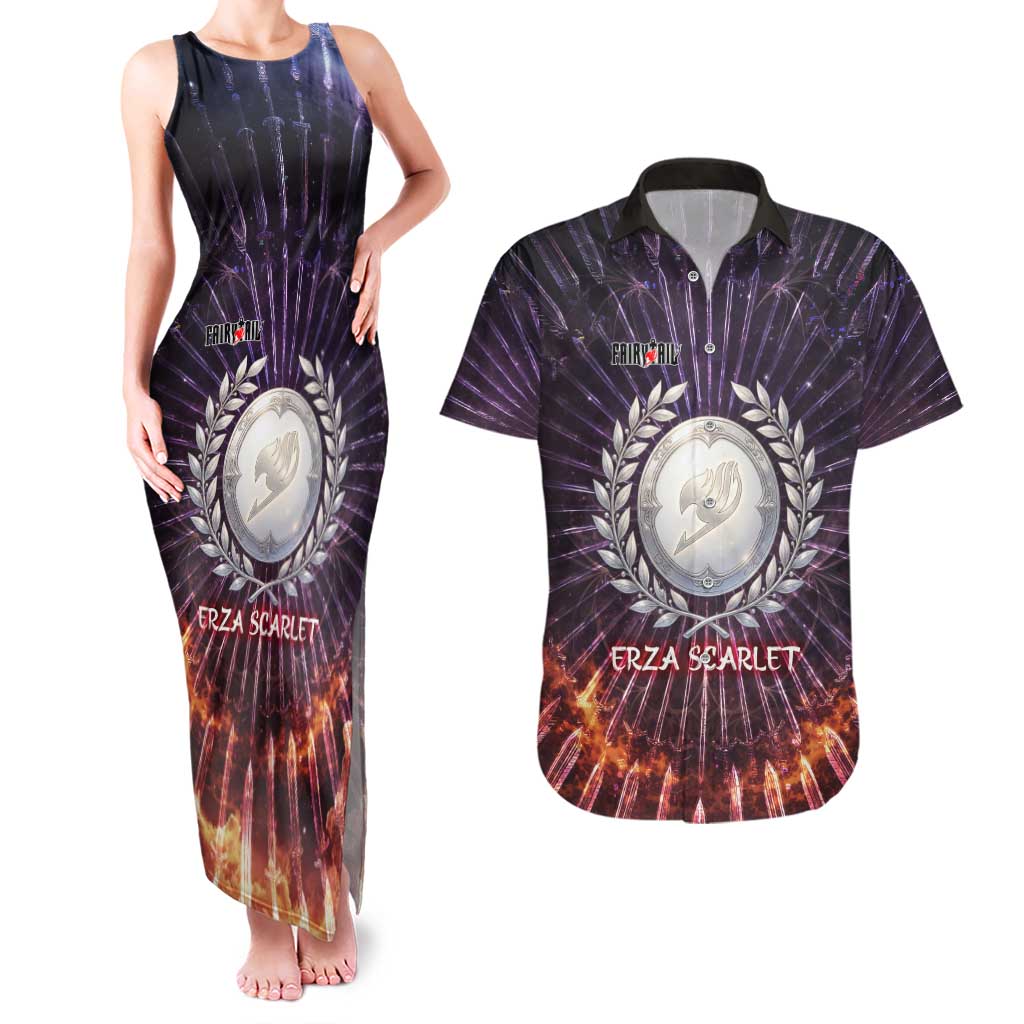 Erza Scarlet Fairy Tail Couples Matching Tank Maxi Dress and Hawaiian Shirt Celestial Armor Anime Style with Radiant Winged Design