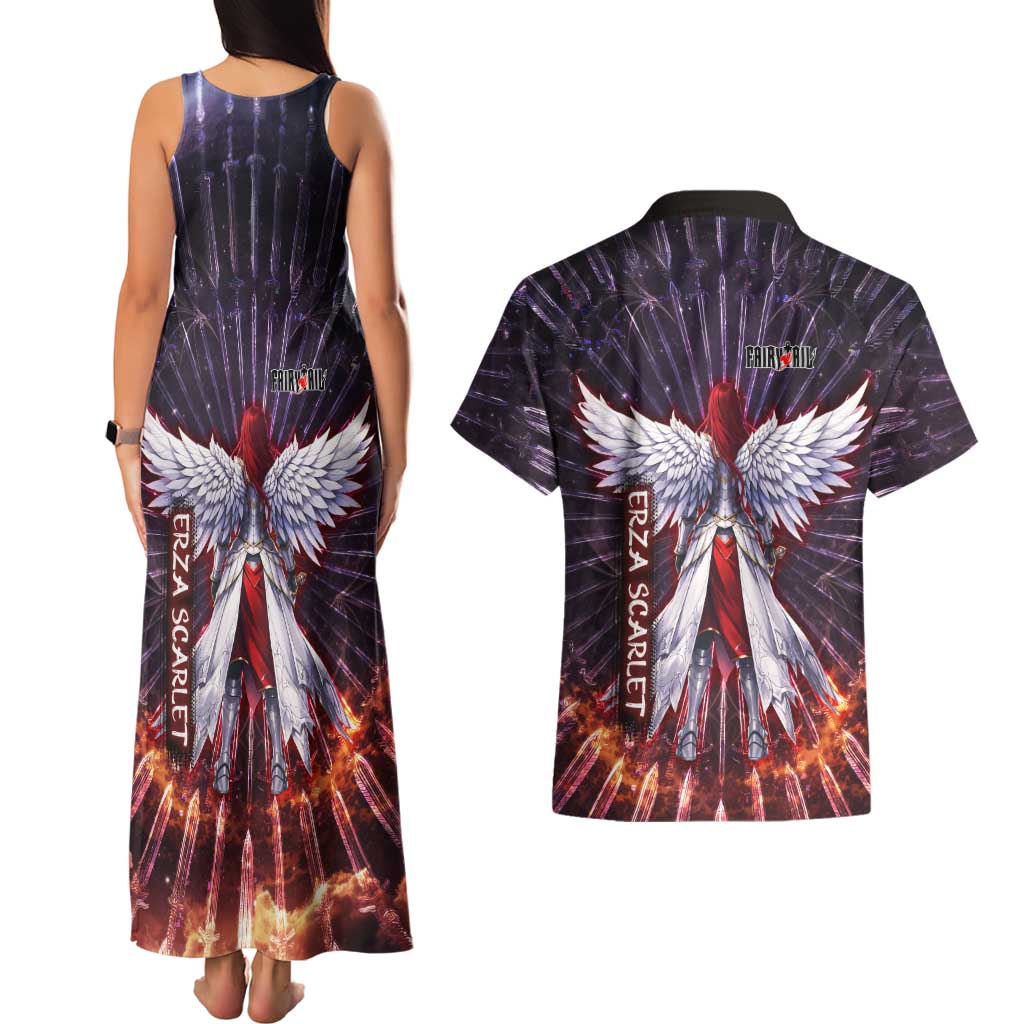 Erza Scarlet Fairy Tail Couples Matching Tank Maxi Dress and Hawaiian Shirt Celestial Armor Anime Style with Radiant Winged Design