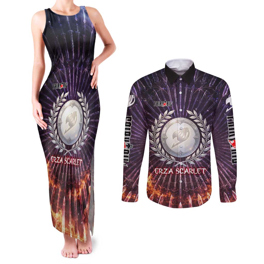 Erza Scarlet Fairy Tail Couples Matching Tank Maxi Dress and Long Sleeve Button Shirt Celestial Armor Anime Style with Radiant Winged Design