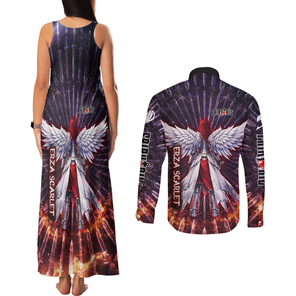 Erza Scarlet Fairy Tail Couples Matching Tank Maxi Dress and Long Sleeve Button Shirt Celestial Armor Anime Style with Radiant Winged Design