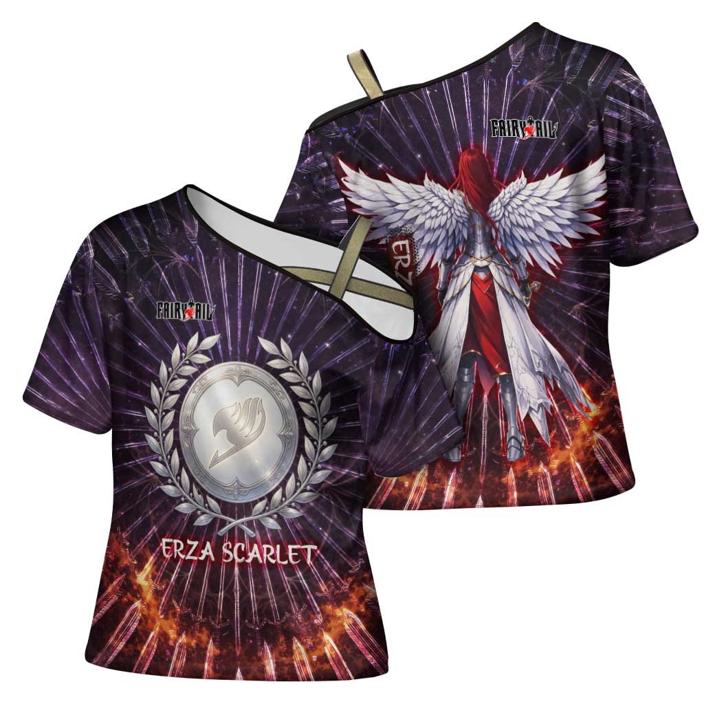 Erza Scarlet Fairy Tail Cross Shoulder Shirt Celestial Armor Anime Style with Radiant Winged Design