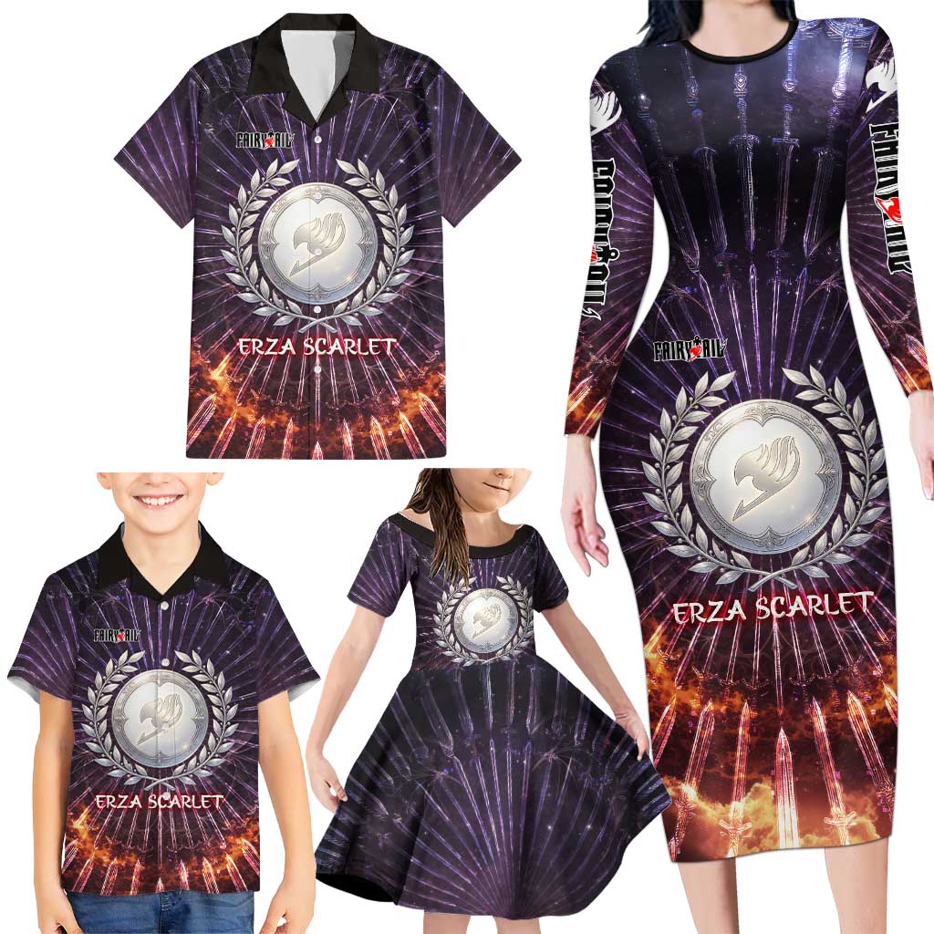 Erza Scarlet Fairy Tail Family Matching Long Sleeve Bodycon Dress and Hawaiian Shirt Celestial Armor Anime Style with Radiant Winged Design