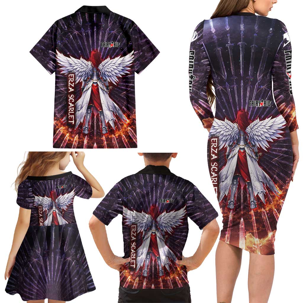 Erza Scarlet Fairy Tail Family Matching Long Sleeve Bodycon Dress and Hawaiian Shirt Celestial Armor Anime Style with Radiant Winged Design
