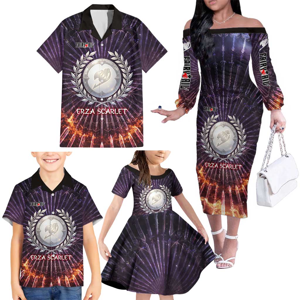 Erza Scarlet Fairy Tail Family Matching Off The Shoulder Long Sleeve Dress and Hawaiian Shirt Celestial Armor Anime Style with Radiant Winged Design