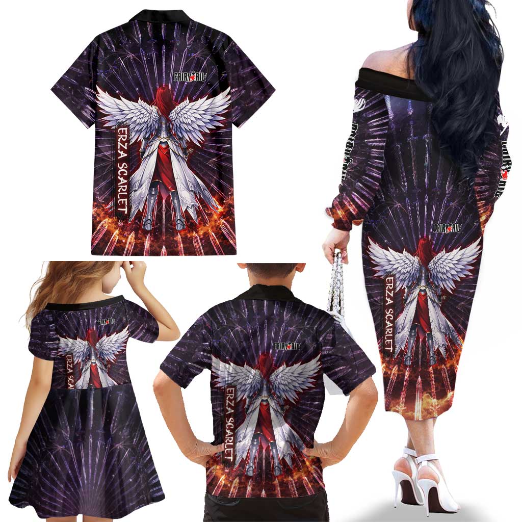 Erza Scarlet Fairy Tail Family Matching Off The Shoulder Long Sleeve Dress and Hawaiian Shirt Celestial Armor Anime Style with Radiant Winged Design
