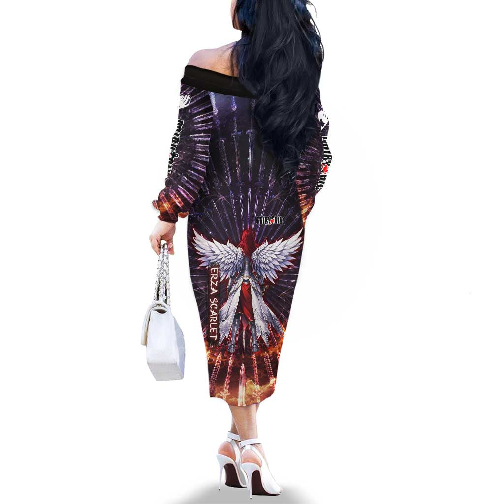 Erza Scarlet Fairy Tail Family Matching Off The Shoulder Long Sleeve Dress and Hawaiian Shirt Celestial Armor Anime Style with Radiant Winged Design