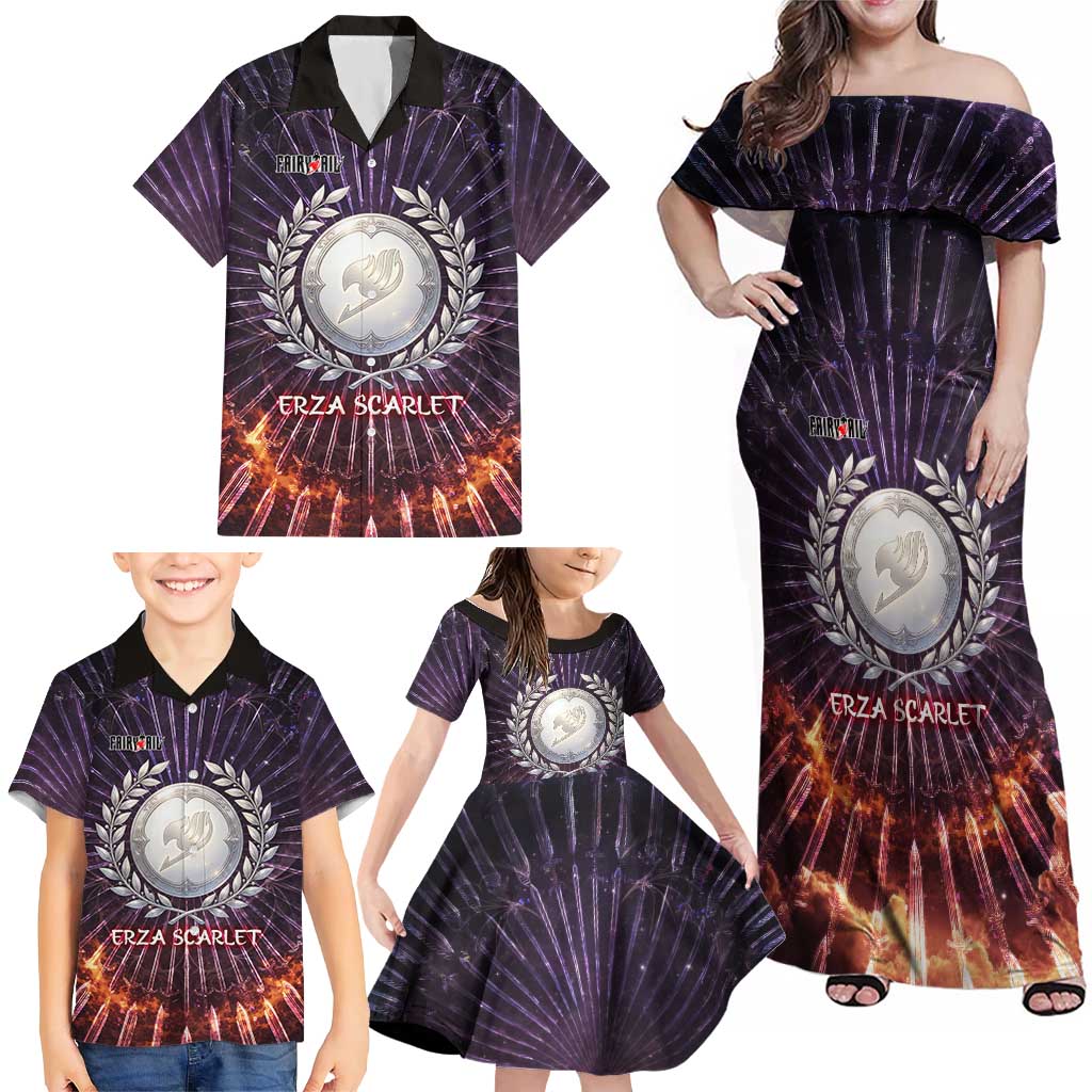 Erza Scarlet Fairy Tail Family Matching Off Shoulder Maxi Dress and Hawaiian Shirt Celestial Armor Anime Style with Radiant Winged Design