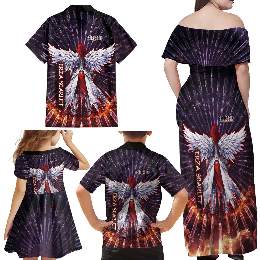 Erza Scarlet Fairy Tail Family Matching Off Shoulder Maxi Dress and Hawaiian Shirt Celestial Armor Anime Style with Radiant Winged Design